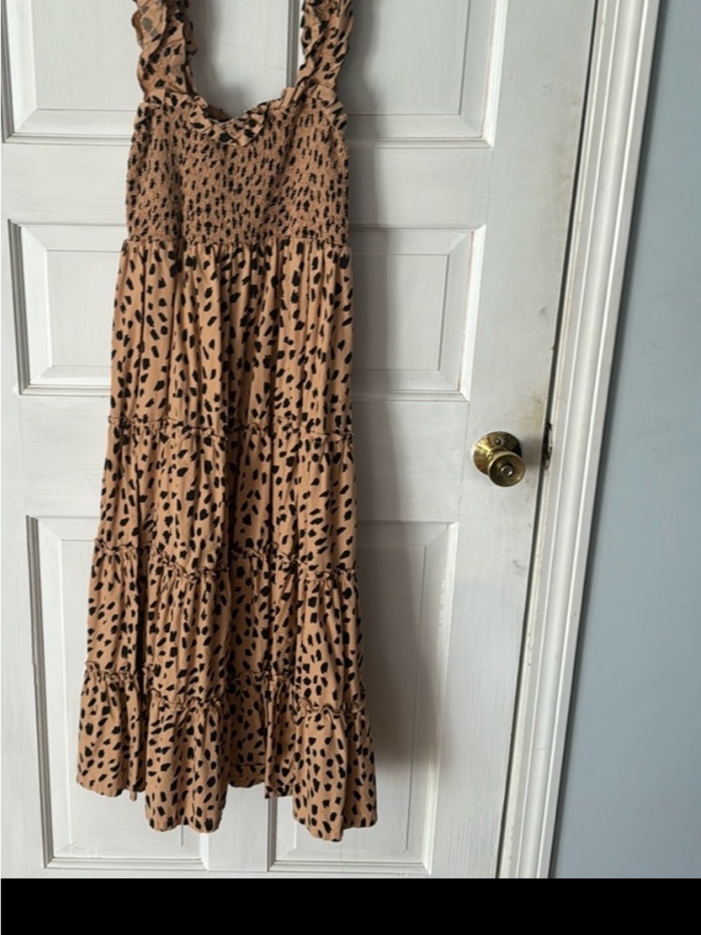 crown & ivy Tan and Black Printed Ruffle Strap Midi Dress